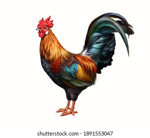 The cock, rooster (gallus) realistic drawing illustration for encyclopedia of animals and birds, isolated image on white background