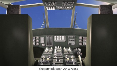 Cockpit Of Helicopter In Flight, Military Aircraft, Army Chopper Flying In Sky With Clouds, 3D Rendering