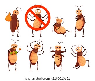 Cockroach Mascot. Cartoon Roach Character, Insect In Prohibition Stop Sign And Pests Beetle  Illustration Set. Character With Various Emotions. Sad, Frightened And Angry Creature