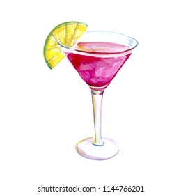 Cocktail Cosmopolitan Watercolor Illustration, Picture For The Menu In The Bar, Alcoholic Drink For Girls