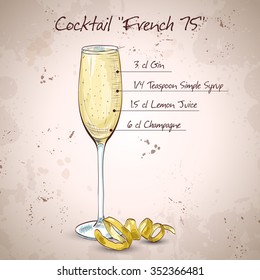Cocktail French 75, one of the most famous cocktails in the world.  Consisting of Gin, Lemon, Sugar Syrup, Champagne.