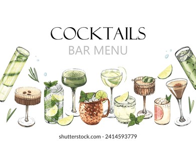 Cocktail glasses: martini, gin, margarita, mojito, liquor, rum, moscow mule. Watercolor hand-drawn illustration isolated on white background. Perfect for bar menu with alcoholic drinks, for cafe - Powered by Shutterstock