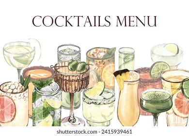 Cocktail glasses: martini, gin, margarita, mojito, liquor, rum, moscow mule. Watercolor hand-drawn illustration isolated on white background. Perfect for bar menu with alcoholic drinks, for cafe - Powered by Shutterstock