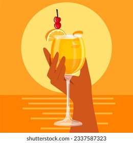 Cocktail in hand at sunset. Summer card, banner, flyer, illustration for prints. - Powered by Shutterstock