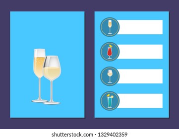 Cocktail menu advertisement poster with closeup of champagne glasses, raster illustration of drinks ingredients, types and price on blue background - Powered by Shutterstock