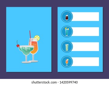 Cocktail menu advertisement poster with prices illustration of drinks their ingredients types and price on blue background in brochure - Powered by Shutterstock