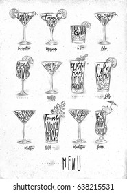 Cocktail Menu Graphic Lettering Bloody Mary, Blue Lagoon, Cosmopolitan, Cuba Libre, Daiquiri, Martini, Gin Tonic, Manhattan, Margarita, Mojito, Pina Colada, Spritz Drawing On Dirty Paper Background