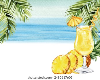 cocktail with a straw decorated with an umbrella, slices and half of raw pineapple, coconut palm leaves, sea, coast, seascape, watercolor illustration of summer vacation theme, refreshing drink - Powered by Shutterstock