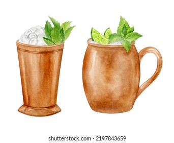 Cocktails In Copper Mug Watercolor Illustration. Drinks Clipart Isoltaed On White Background.