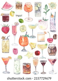 Cocktails and ingredients illustrations. Different cocktails and food isolated on white. Watercolor clipart. Set of drinks.