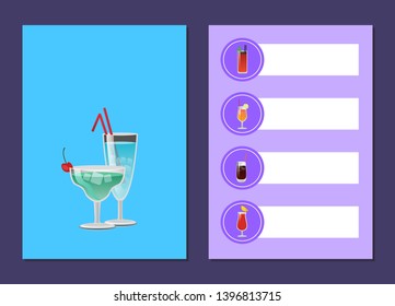 Cocktails menu advertisement poster with closeup of martini blue lagoon raster illustration drinks ingredients types and price cocktail list - Powered by Shutterstock