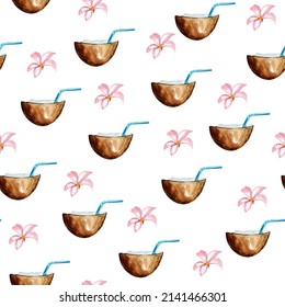 Coconut with blue tubule watercolor seamless pattern. Template for decorating designs and illustrations.
