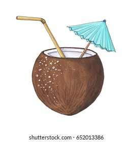 Coconut Cocktail Isolated On A White Background Hand Drawn Illustration