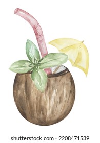 Coconut Cocktail, Watercolor Hand Drawn Beverages Illustration.