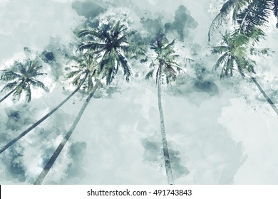 Coconut Palm Tree In Green Or Jade Shade,  Digital Watercolor Painting