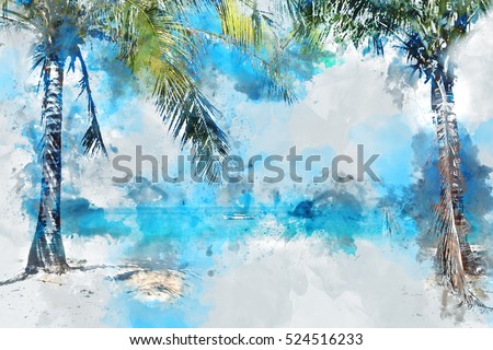 coconut palm tree on the beach, blue shade image,  digital watercolor painting