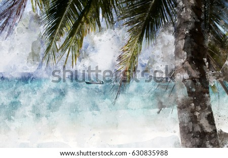Coconut palm tree on the beach, blue shade image,  digital watercolor painting
