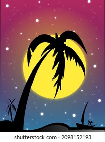 Coconut Palm Tree Silhoutte Background With Gradient Sky.