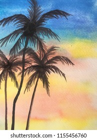 Coconut palm trees on the beach watercolor paint background 
