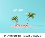 Coconut trees with beach sand on blue background. summer concept. 3d rendering