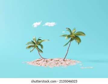 Cocoteros con arena en la playa de fondo azul. concepto de verano. 3.ª representación
