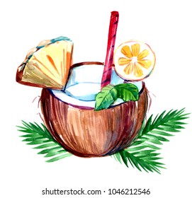 Coconut Tropical Cocktail. Hand Drawn Watercolor Illustration