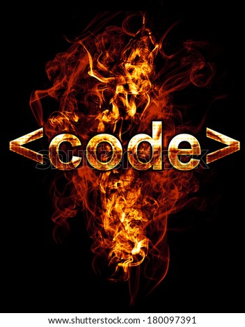 code, illustration of  number with chrome effects and red fire on black background