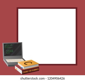 Coding banner with portable computer and thick textbooks for informatics studies  illustration with place for text. Open laptop with program code on screen.