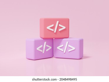 Coding Language Development Icon On Pink Background. Software Developer Concept. Minimal Cartoon Sytle. 3d Render Illustration