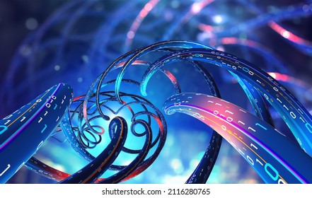 Coding synthetic DNA helix. Nanotechnology and medical research. Stream of binary code in cyberspace. High tech digital network 3D illustration