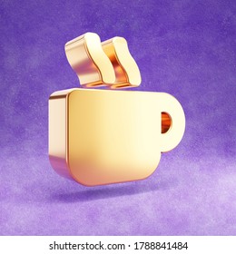 Coffe Cup Icon. Gold Glossy Tea Or Coffee Cup Symbol Isolated On Violet Velvet Background. Modern Icon For Website, Social Media, Presentation, Design Template Element. 3D Render.