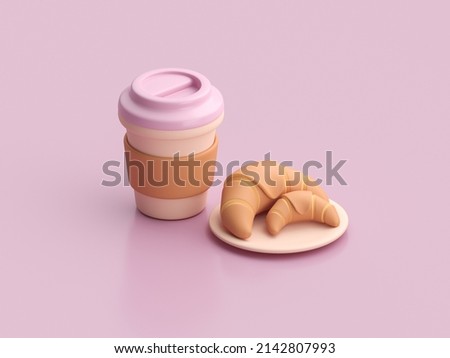 Coffe to go with 3D croissant. 3D render