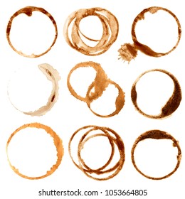 Coffe Stains And Splashes, Dirty Brown Cup Rings Set. Splash Ring Form Coffee Mug, Circle Stain Dirty Mark Illustration