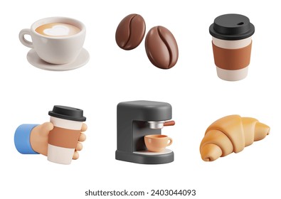 Coffee, 3d icon set. Preparation, drink, coffee to go, dessert. Cup with heart drawing, glass, coffee bean, coffee machine, croissant. 3D object on a white background - Powered by Shutterstock