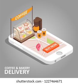 Coffee And Bakery Online Concept. Isometric Smartphone With Food Delivery App. Coffee, Donut, Cake, Navigation Map With Pin Marker And Buy Now Button On Smart Phone Screen.