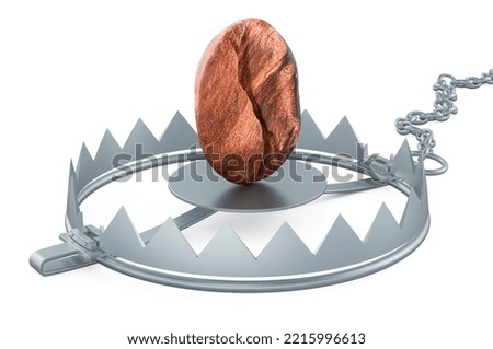 Coffee bean in bear trap. Caffeine dependence concept. 3D rendering isolated on white background