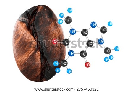 Coffee bean with caffeine molecule, 3d rendering isolated on white background