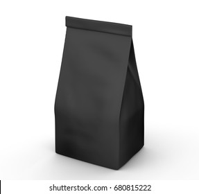 Coffee Bean Package Mockup, Blank Black Bag Template In 3d Rendering Isolated On White Background