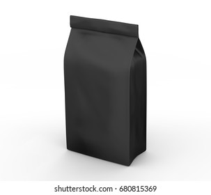 Coffee Bean Package Mockup, Blank Black Bag Template In 3d Rendering Isolated On White Background