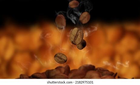 Coffee Beans Are Falling To Coffee Bean Pile In A Stove And Its Water Steam With Blur Seed Pile Background (3D Rendering)