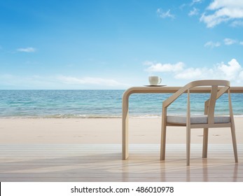 Coffee Break At Work On Beach, Sea View Home Office - 3d Rendering