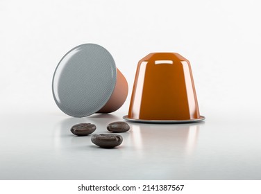 Coffee capsules with coffee beans, 3d rendering
