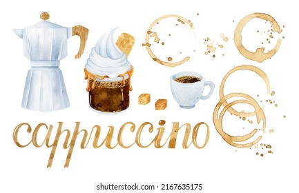 Coffee With Cream, Moka Pot, Espresso And Coffee Stains Watercolor Clipart