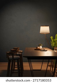 Coffee cup and bread on dining table under lamp light with stool chairs on wooden floor in dim room. Product Display, 3D Rendering, 3D Illustration.