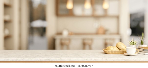 Coffee cup with breads on marble table across counter bar and cupboard in a kitchen or dining room. Working or study, 3D rendering, 3D Illustration.
