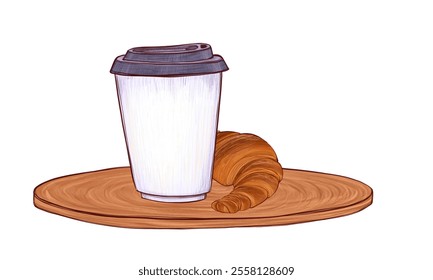 Coffee cup with lid and croissant on wooden plate. Minimalist coffee-to-go and pastry illustration. Warm croissant paired with paper cup. Great for bakery branding and menu, for morning-themed concept - Powered by Shutterstock