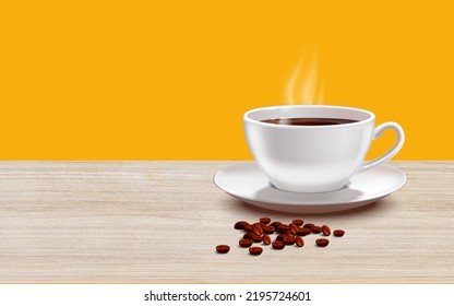  coffee cup nd beans on table . Morning coffee with steam in white cup on orange background - Powered by Shutterstock