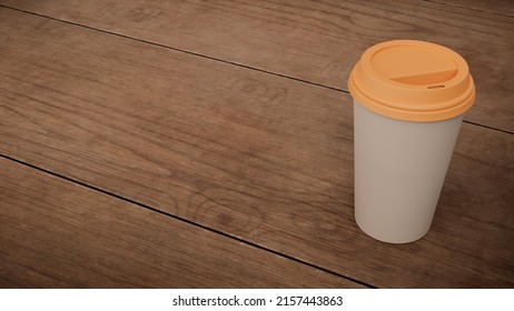 Coffee Cup on Wooden Aged Vintage Wooden Table. 3D Illustration. Top View Wallpaper Template for Mockup.