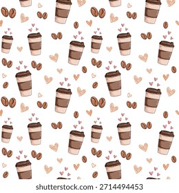 Coffee Cup Seamless Pattern with Coffee Beans, Cute Cafe Illustration Background