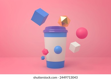 Coffee cup surrounded by floating geometric shapes. 3D Illustration